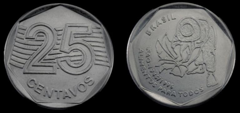 Frente e verso da moeda de 25 centavos comemorativa da FAO de 1995, mostrando o desenho do semeador e a inscrição 'Alimentos para Todos'.