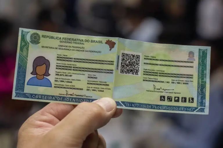 Imagem da nova Carteira de Identidade Brasileira com informações em branco e símbolo de identificação.