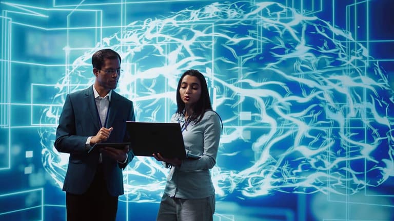 Profissionais de tecnologia analisando sistema de inteligência artificial em ambiente digital com visualização de rede neural.