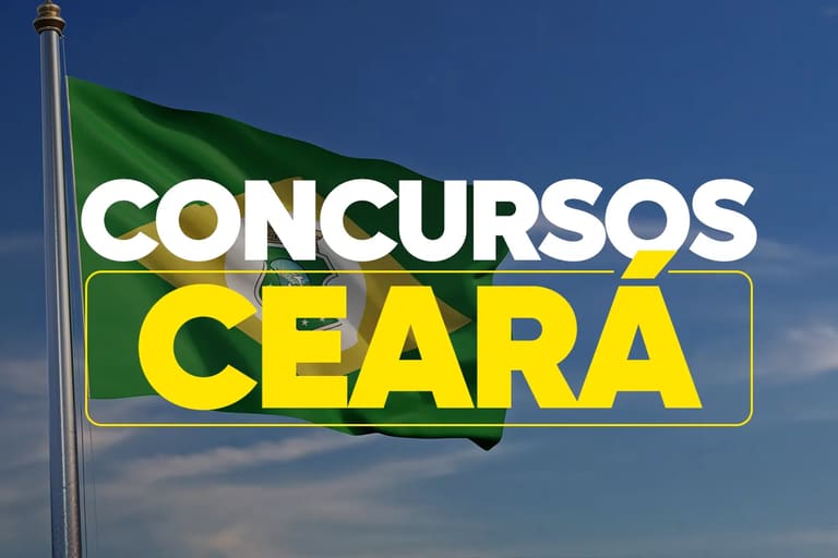 Imagem da bandeira do Brasil com o texto 'Concursos Ceará' em destaque sobre o céu azul, representando as vagas de concurso público no estado do Ceará.