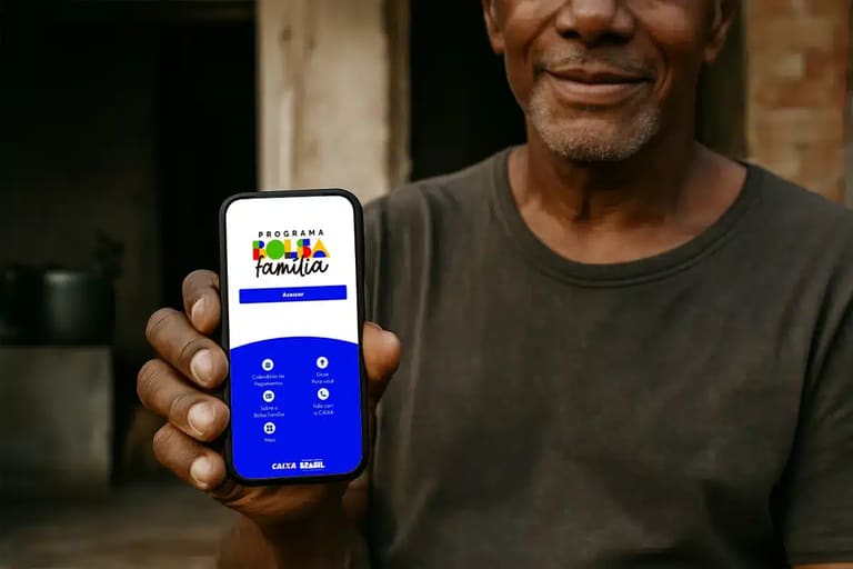 Homem segurando celular com aplicativo do Bolsa Família exibido na tela relacionado ao alerta para NIS final 4 em abril