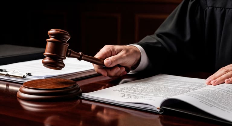 Juiz segurando o martelo em uma sala de tribunal, simbolizando a tomada de decisões e a autoridade judicial.