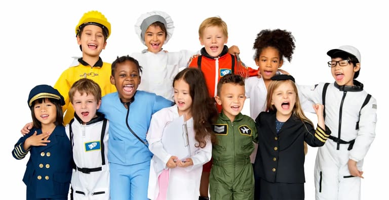Crianças usando fantasias de profissões como médico, astronauta, piloto e engenheiro representando sonhos profissionais da infância.
