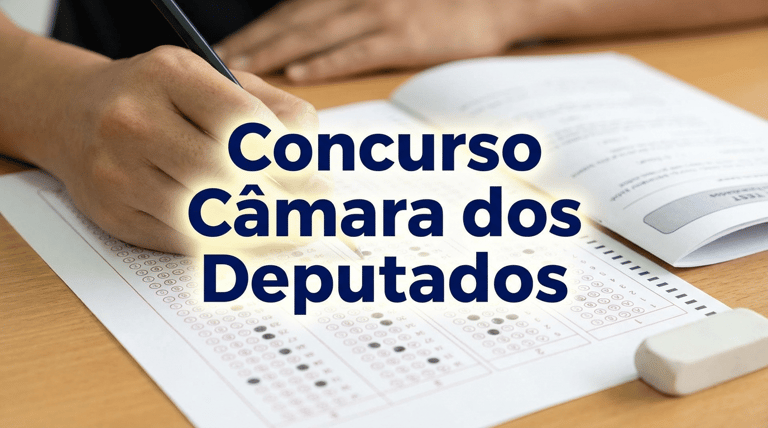 Mão com lápis preenche gabarito de prova com texto "Concurso Câmara dos Deputados" em destaque