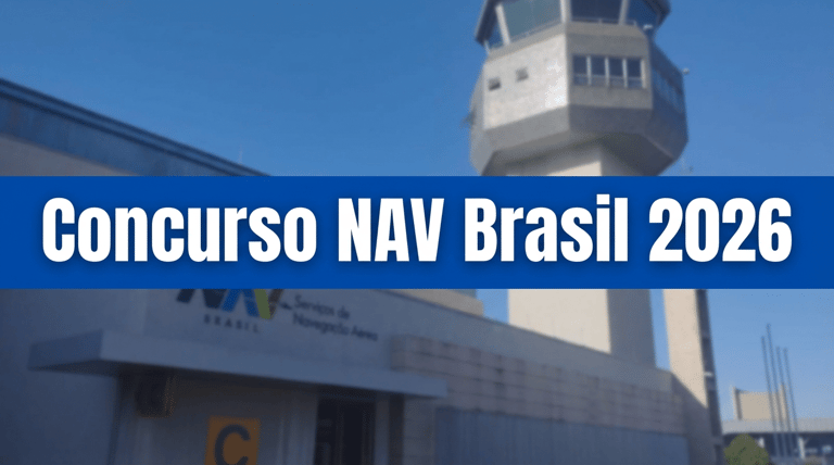 Torre de controle e prédio da NAV Brasil com logo colorido e texto "Concurso NAV Brasil 2026" em banner azul