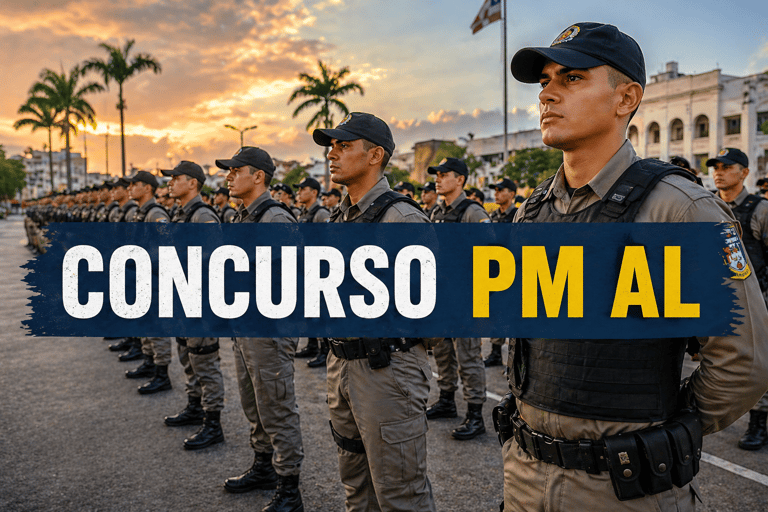 Policiais militares da PM-AL em formação usando uniformes cinza, coletes e bonés escuros, durante cerimônia ao pôr do sol.