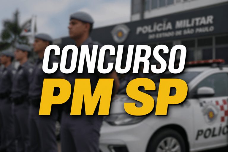 Policiais militares de SP em formação com farda azul, boinas e viatura ao fundo em frente a sede da PM