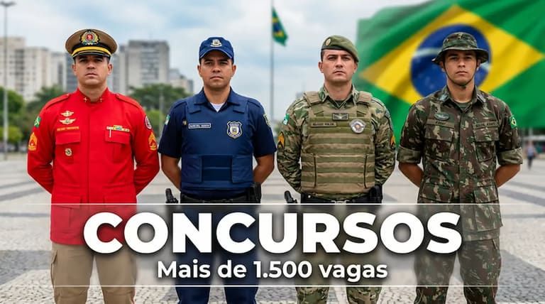 Foto de uniformes de profissionais das forças de segurança, incluindo Bombeiros, Polícia e Exército, com destaque para os concursos públicos que oferecem mais de 1.500 vagas.