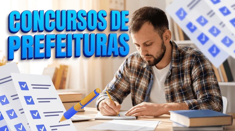 Homem barbudo de camisa xadrez escreve em caderno com livros ao redor e texto "Concursos de Prefeituras"