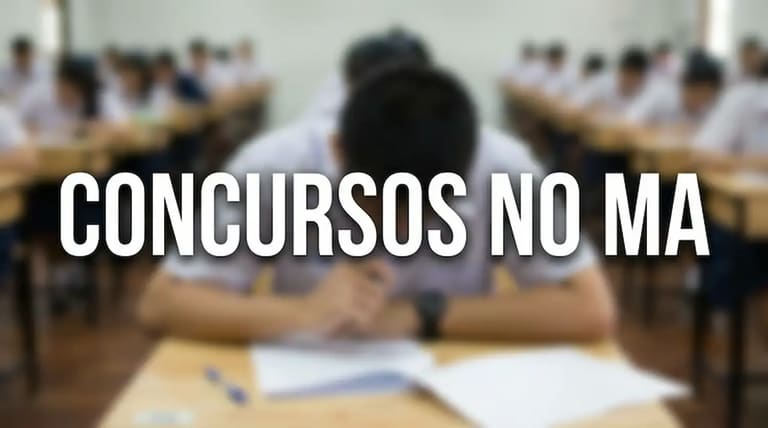 Candidatos realizando prova de concurso público em sala, representando ilustrativamente as oportunidades no Maranhão.