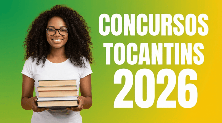 Jovem negra de cabelos cacheados e óculos segura pilha de livros, ao lado do texto "Concursos Tocantins 2026"