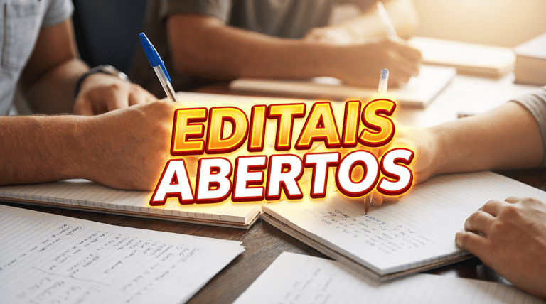 Três pessoas escrevendo em cadernos sobre mesa de madeira com texto "Editais Abertos" em destaque