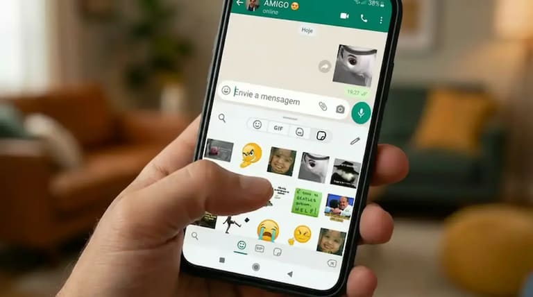 Tela do WhatsApp mostrando seleção de figurinhas animadas em uma conversa no celular.