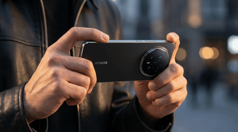 Mãos segurando smartphone Honor Magic9 preto com módulo de câmeras circular e quatro lentes visíveis em ambiente urbano