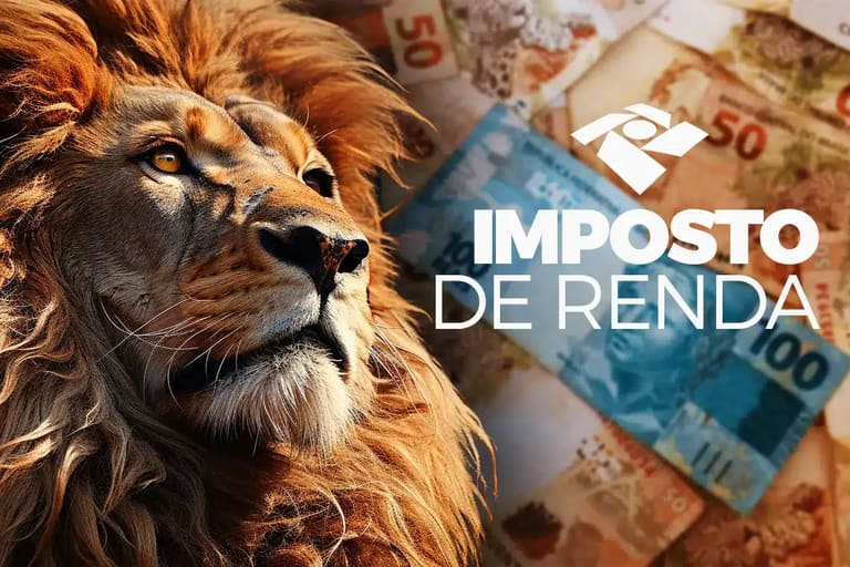 Leão da Receita Federal ao lado de notas de real simbolizando pagamento da restituição do Imposto de Renda.