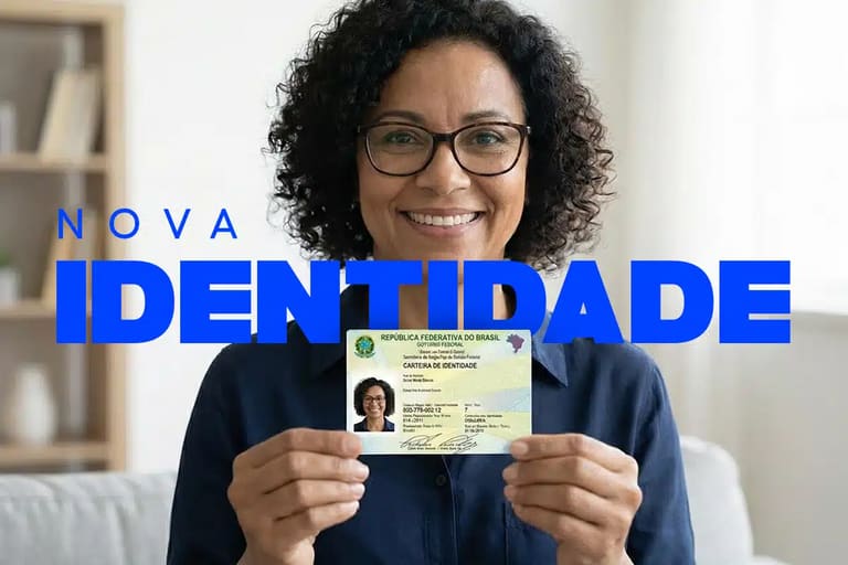 Mulher madura de óculos e cabelos cacheados segura a nova CIN brasileira com as duas mãos, sorrindo.