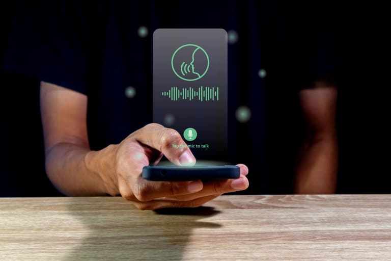 Pessoa utilizando um assistente de voz no WhatsApp para enviar uma mensagem de voz discretamente.