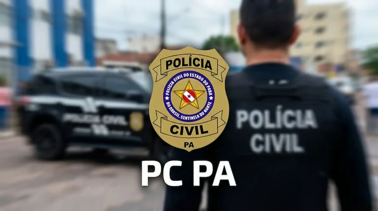 Logo da Polícia Civil do Pará com destaque para a sigla PC PA e a imagem de um policial e viatura ao fundo.
