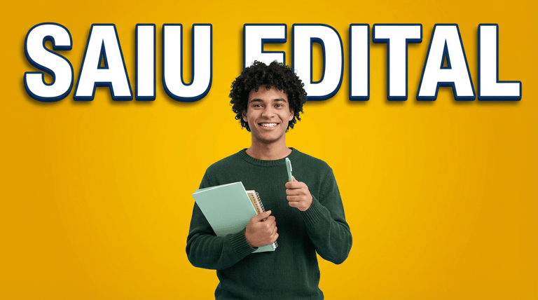 Jovem de cabelo crespo, suéter verde, segura cadernos e caneta sorrindo em fundo amarelo com texto "SAIU EDITAL"