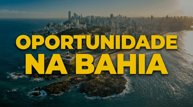 Vista aérea do Farol da Barra com skyline de Salvador ao fundo e texto amarelo "Oportunidade na Bahia"