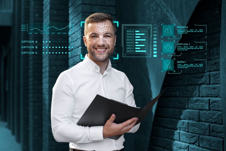 Profissional de tecnologia e dados com interface de análise digital em 2026