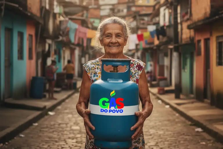 Gás do Povo 2026: idosa segura botijão de gás em comunidade com logo do programa
