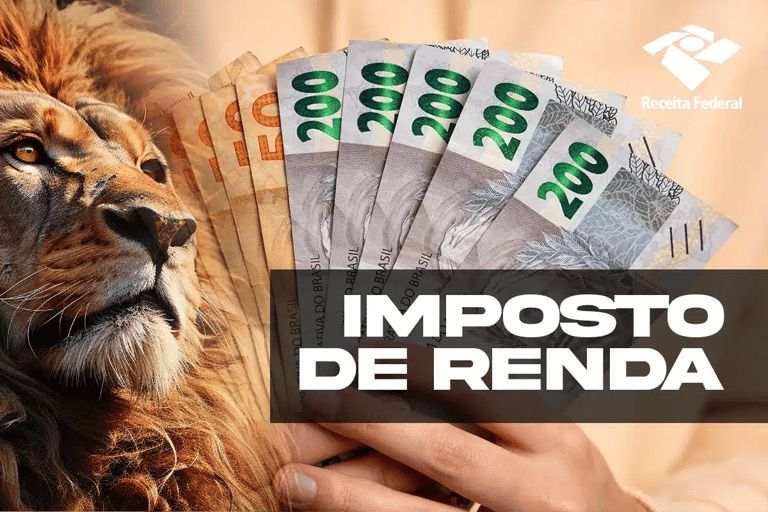 Leão, dinheiro e logotipo da Receita Federal, representando as despesas que contribuem para a restituição do Imposto de Renda.