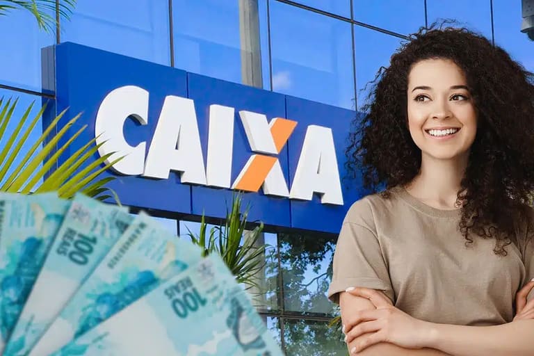 Fachada da Caixa Econômica Federal com uma pessoa sorrindo e segurando dinheiro em notas de 100 reais, representando o saque de R$ 6.220 disponível para CPFs com finais 0 a 9.