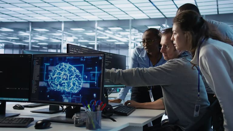 Equipe de profissionais analisando dados de inteligência artificial no ambiente de trabalho, com foco em crescimento de 642% no mercado de treinadores de IA no Brasil.