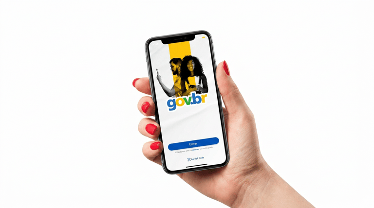 Aplicativo gov.br exibido em smartphone para acesso a serviços digitais.