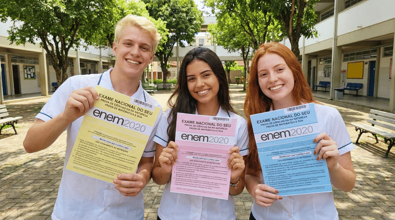 Estudantes exibem provas ENEM 2020 de cores diferentes no pátio escolar.
