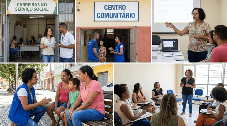 Funcionários com crachás conversam em atendimento sob placa verde "Carreiras no Serviço Social" em ambiente institucional.