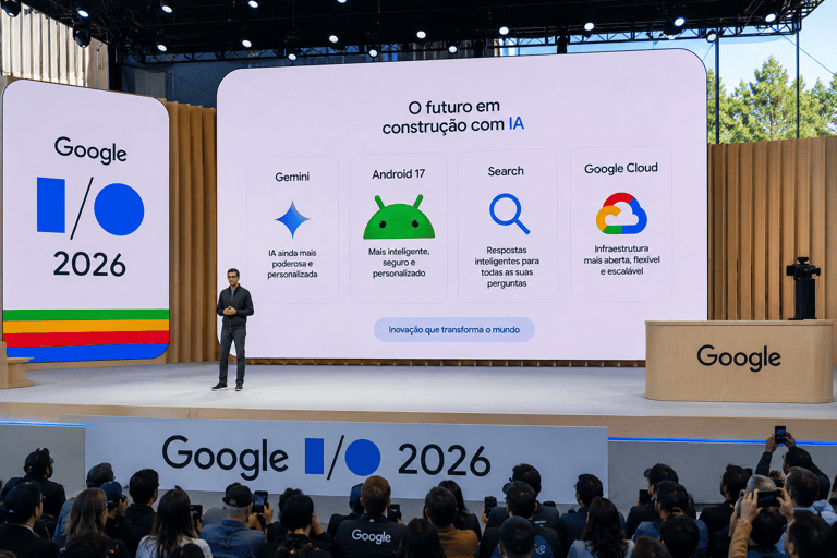 CEO Sundar Pichai no palco do Google I/O 2026 mostrando novidades de Gemini, Android 17, Search e Google Cloud.