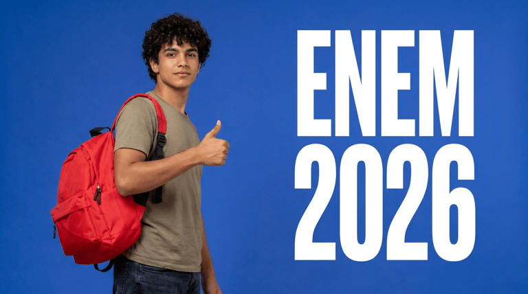 Jovem de cabelos cacheados com mochila vermelha fazendo sinal de positivo ao lado do texto ENEM 2026 em fundo azul.