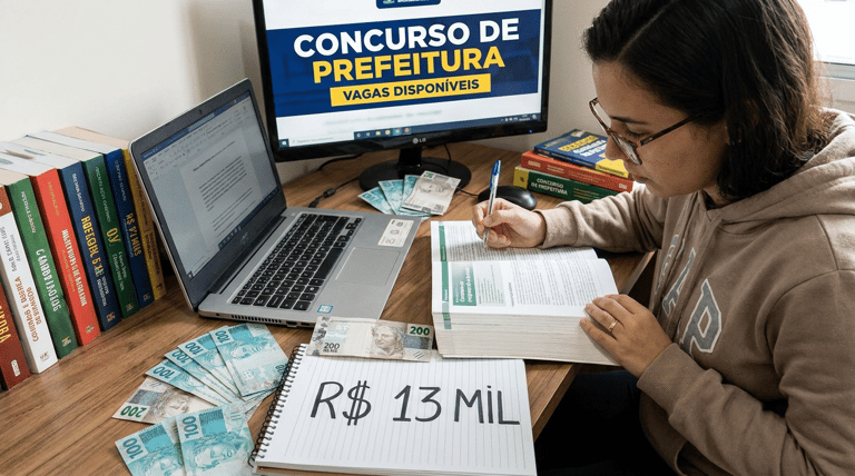 O concurso da Prefeitura de Vera Mendes Jovem de óculos estuda apostila em mesa com notebook, monitor exibindo "Concurso de Prefeitura", dinheiro e caderno com "R$ 13 MIL"