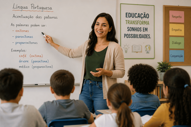 Professora sorridente aponta para quadro branco com conteúdo sobre oxítonas, paroxítonas e proparoxítonas para alunos