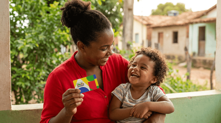 Mãe segura cartão Bolsa Família ao lado do filho.