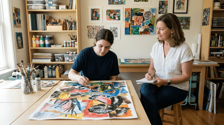 Jovem de camiseta azul pinta obra abstrata enquanto mulher de blusa branca faz anotações em ateliê artístico.