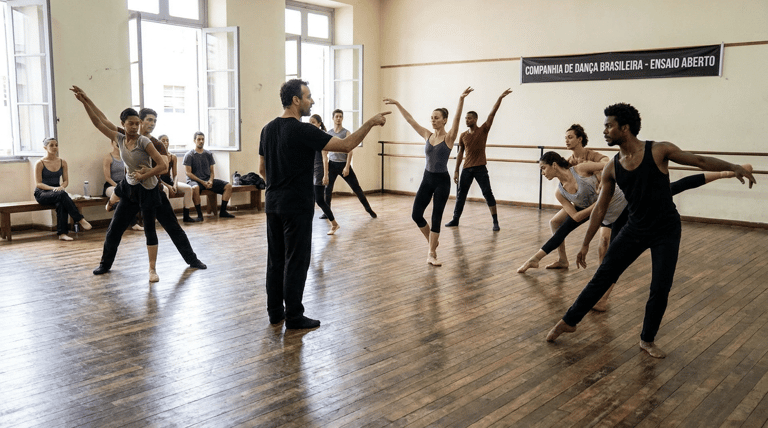 Bailarinos ensaiam em sala com piso de madeira, diretor central aponta, faixa "Companhia de Dança Brasileira - Ensaio Aberto".