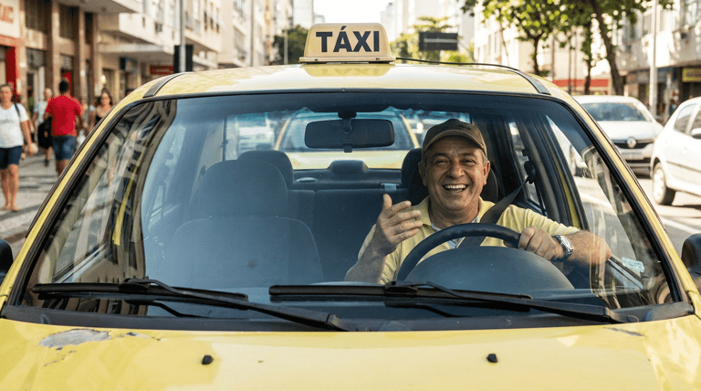 Taxista sorridente em táxi amarelo nas ruas.