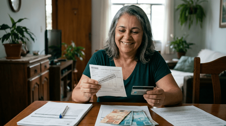 Mulher celebra renegociação de dívida com boleto e cartão na mão.