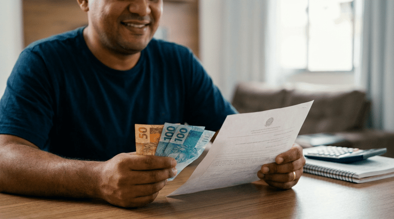 Homem sorridente confere documento e cédulas de real brasileiro.
