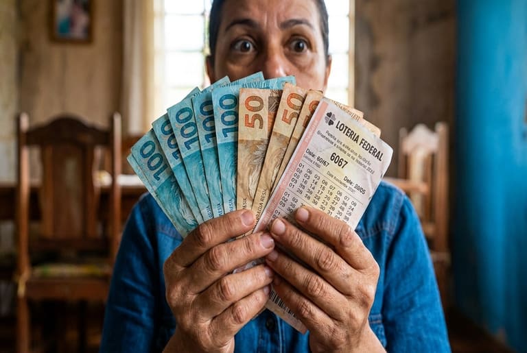 Mulher madura em camisa jeans exibe bilhete da Federal 6067 e notas de R$ 50 e R$ 100 em leque cobrindo parte do rosto