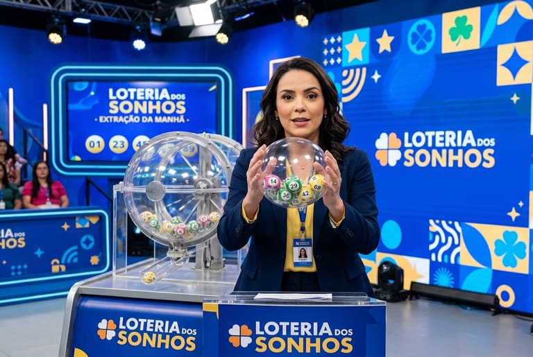 Apresentadora segura globo com bolas numeradas durante sorteio da Loteria dos Sonhos em estúdio azul
