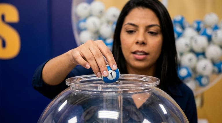 Mulher segura bola azul com número 1 sobre globo de acrílico com bolas coloridas ao fundo em sorteio