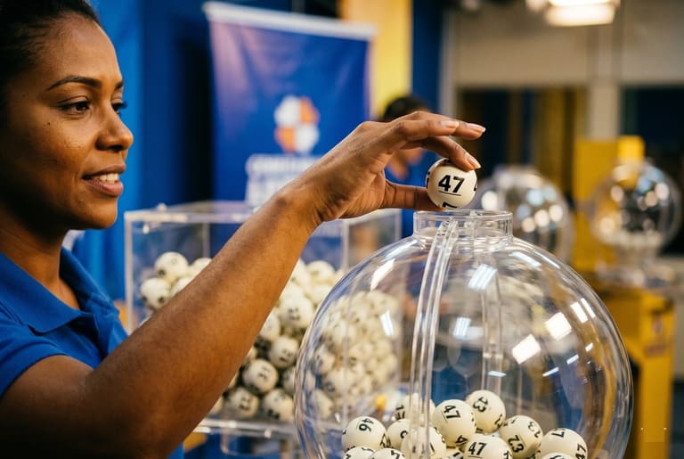 Mulher de camisa azul segura bola branca número 47 sobre globo de sorteio com diversas bolas numeradas