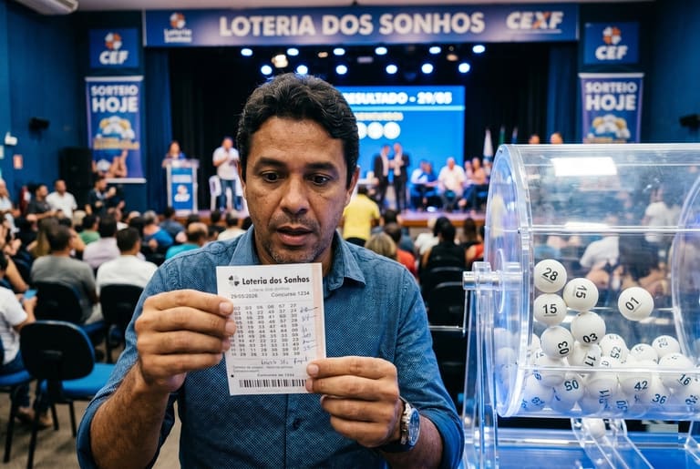 Homem de camisa azul segurando bilhete da Loteria dos Sonhos, com globo de sorteio e bolas numeradas à direita