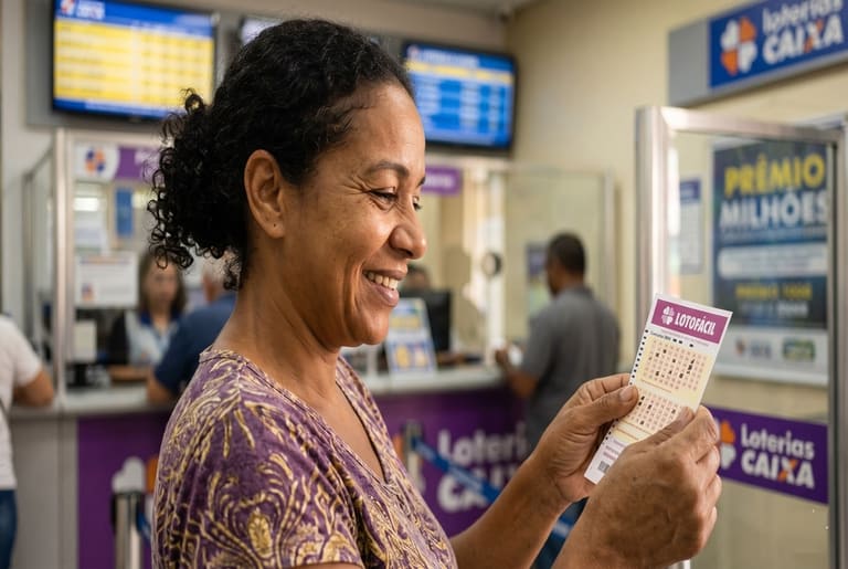 Mulher sorrindo segura volante da Lotofácil em agência Loterias Caixa, com painéis de resultados ao fundo