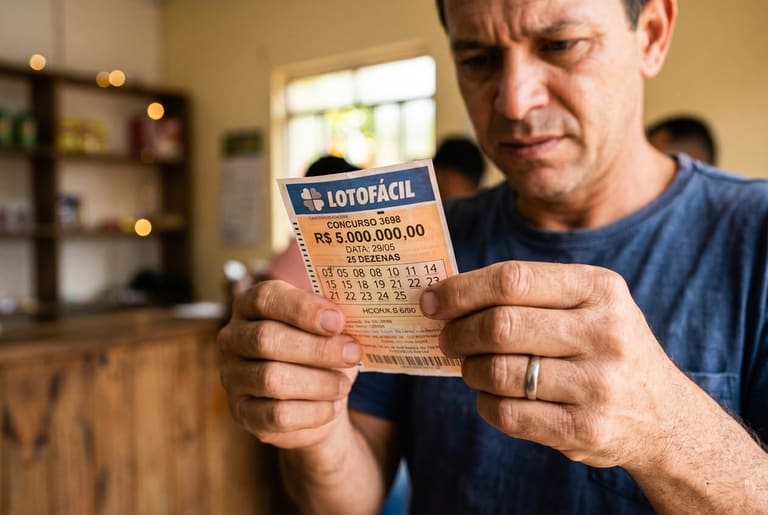 Homem de camiseta azul segura bilhete da Lotofácil concurso 3698 mostrando números e prêmio de R$ 5 milhões