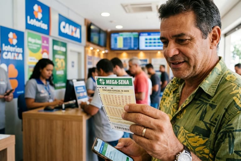 Homem de camisa verde segura volante da Mega-Sena 30 Anos e celular em lotérica da Caixa com pessoas ao fundo